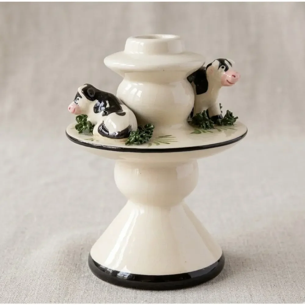Rare Vintage 1990s L.A. Ceramics Hand-Painted Cow Cottagecore Candle Holder